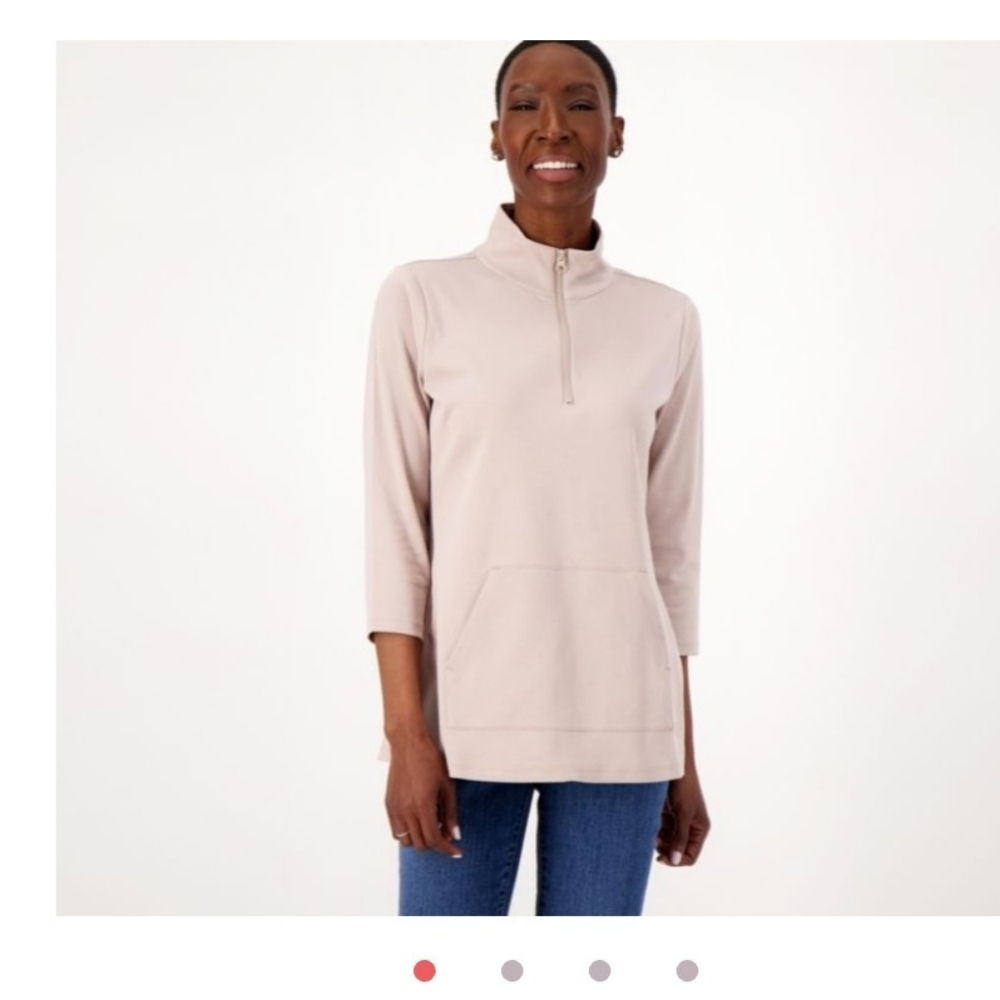 Iasac Mizrahi three quarter sleeve half zip top.